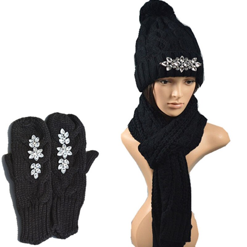 Russische Stijl Vrouwen Muts Sjaal Handschoenen 3 stks Set Warme Gebreide Muts Russische Winter Wol Hoed Dikkere Hoed Met crystal Rhinestone