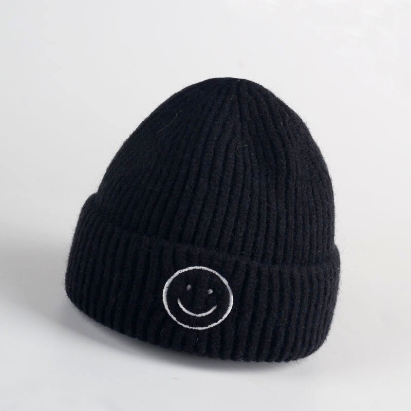 Embroidered Smile Hat Toddler Children Hats For Boys Girls Knitted Infant Baby Winter Thick Kids Cute Hat 0-6Y: black