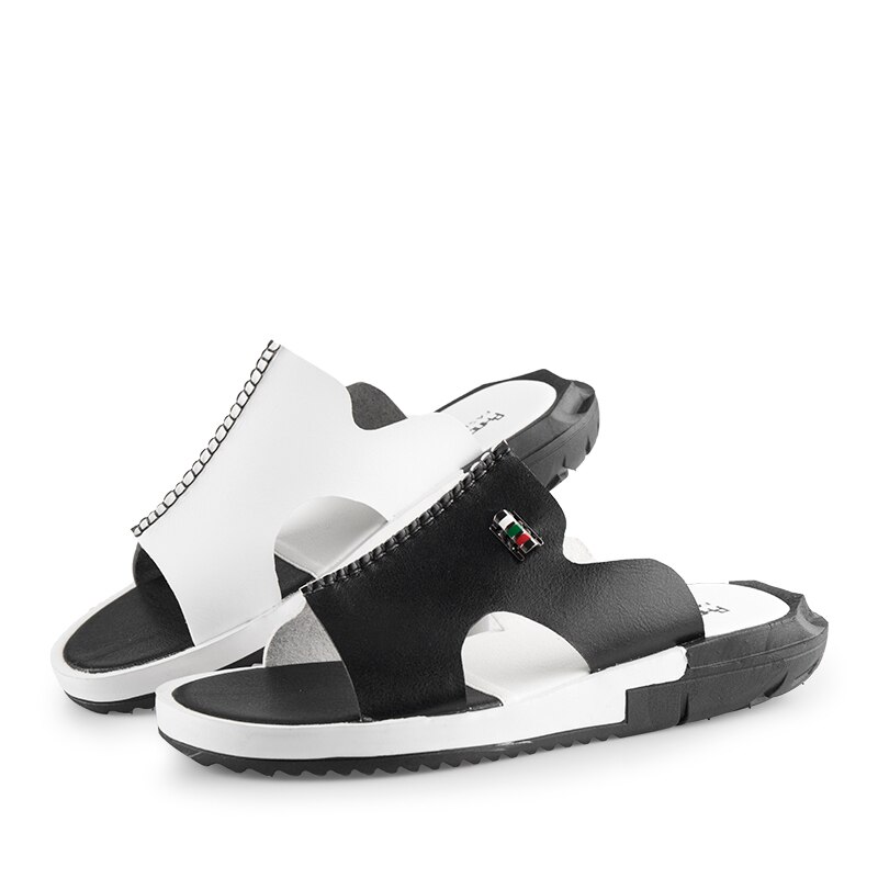 Læder mænd sandaler sommer strand hjemmesko casual sneakers udendørs strand sko stor størrelse: Hvid sort / 8