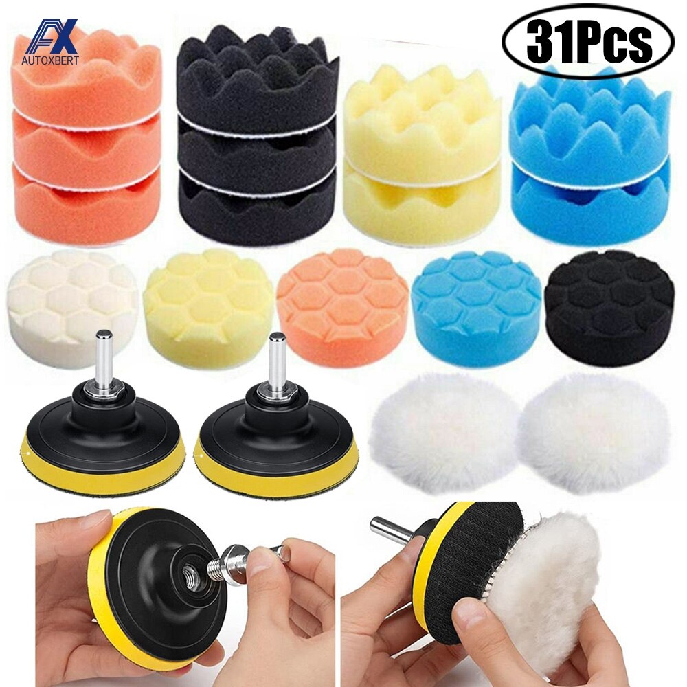 31pcs Car 3 Inch Buffing Pads Foam Polishing Pad Polisher + m10 Drill Adapter Buffer Pads Waxing Detailing Paint Cleaning Tool