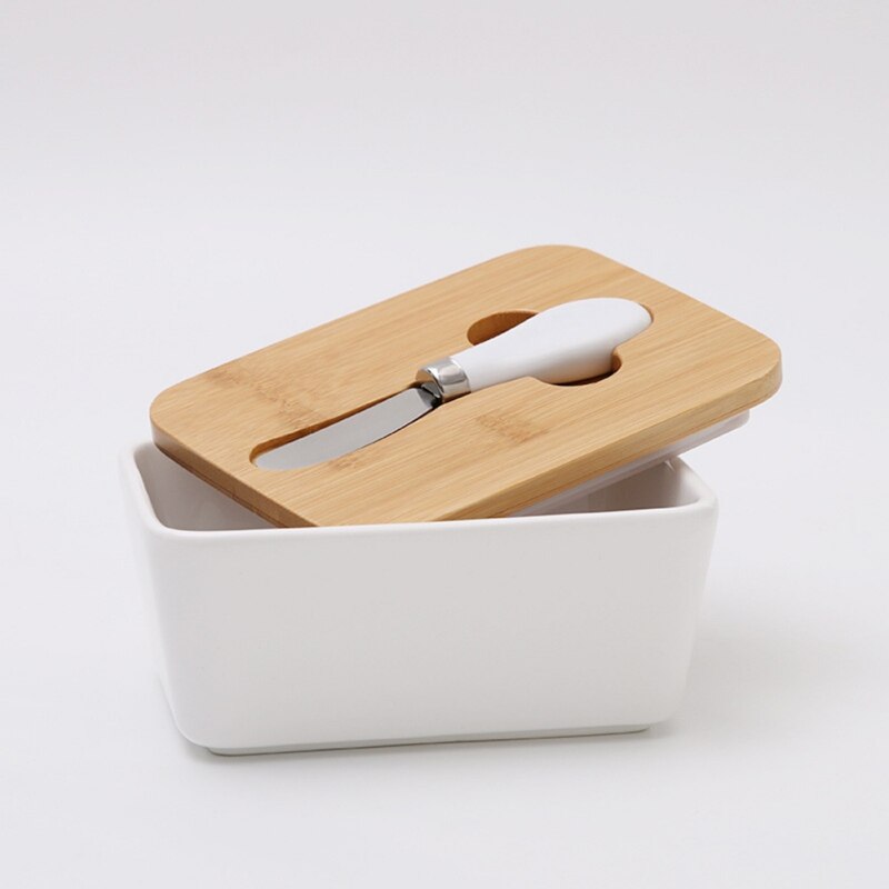 Butter Box with Wood Lid Ceramics Butter Container Cheese Storage Kitchen Accessories