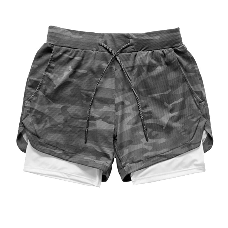 Mænds yogatræning hurtig tørløbende camouflage shorts 2 in 1 sports jogging fitness shorts: Grå / M