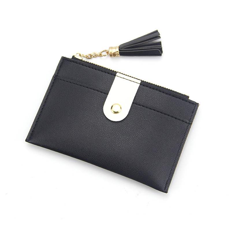 Purdored 1 pc mini tassel titular do cartão de crédito das mulheres pequenas caso do cartão de crédito do plutônio feminino zíper fino mini bolsa da moeda das senhoras cartão carteira: black