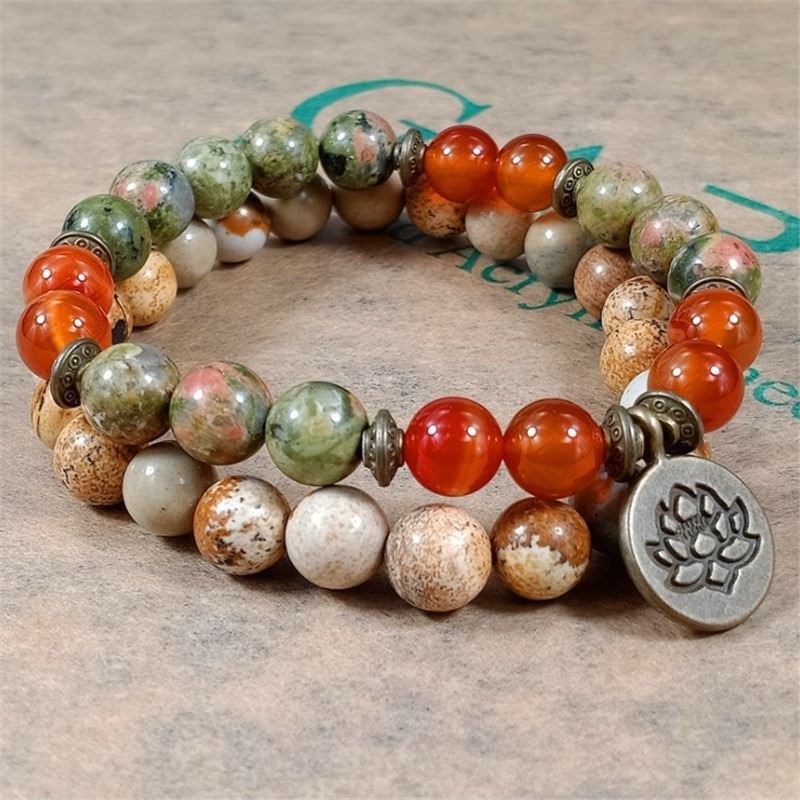 Pingente de pedra mala cristal lotus om j-asper, conjunto de pulseira para homens e mulheres, medesembaraçação yoga pulseira 2 pc