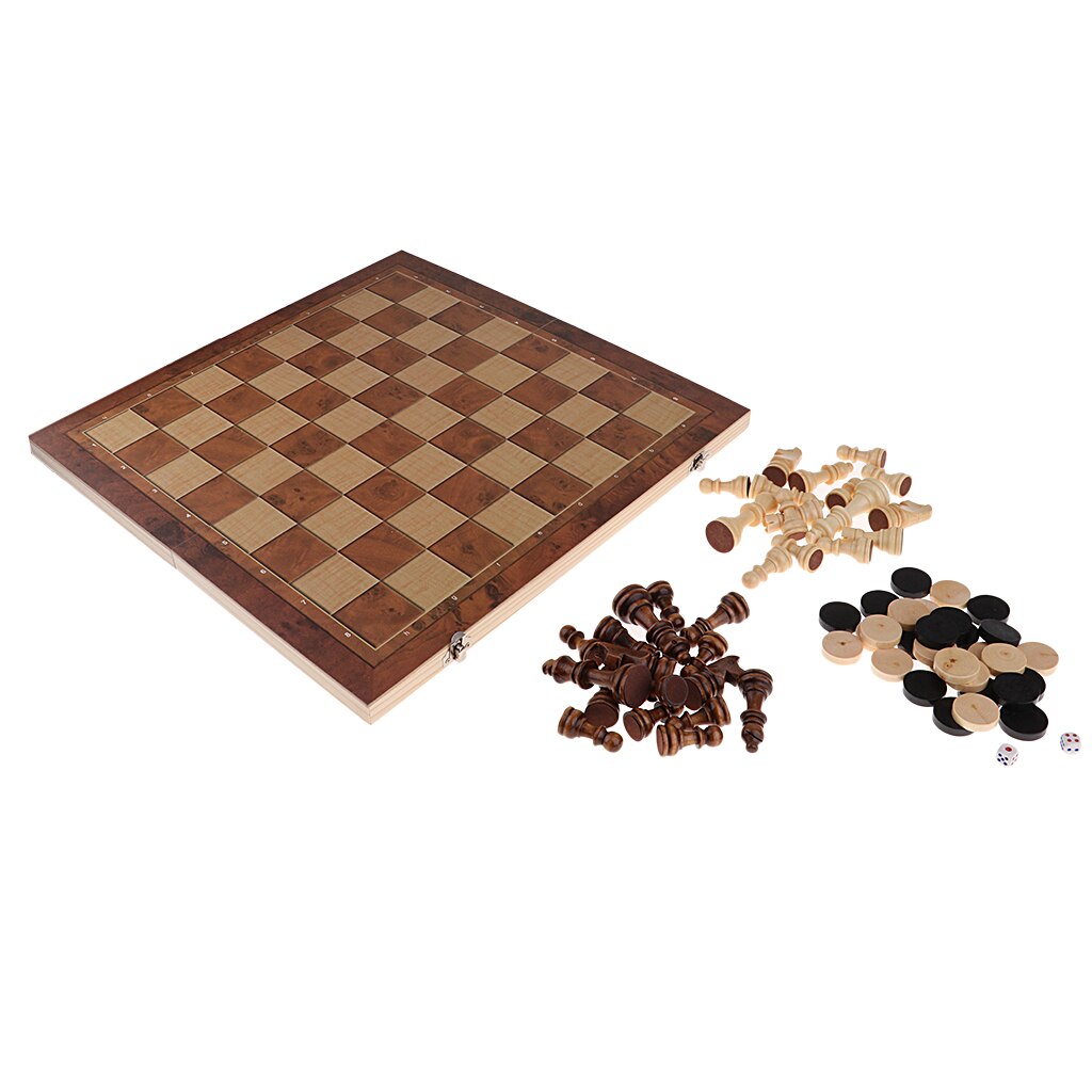 Chess & Checkers & Backgammon 3 in 1 Chess Toy Wooden Chess Tournament Chess Checkers Set 44 x 44cm