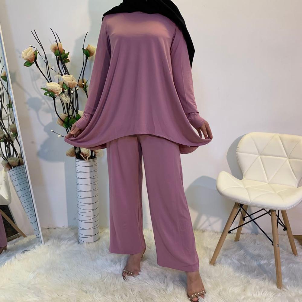 smooth fabric Muslim suits female Solid Color Two-pieces Tops + elastic waist Pants Singapore Turkey Clothing F1883