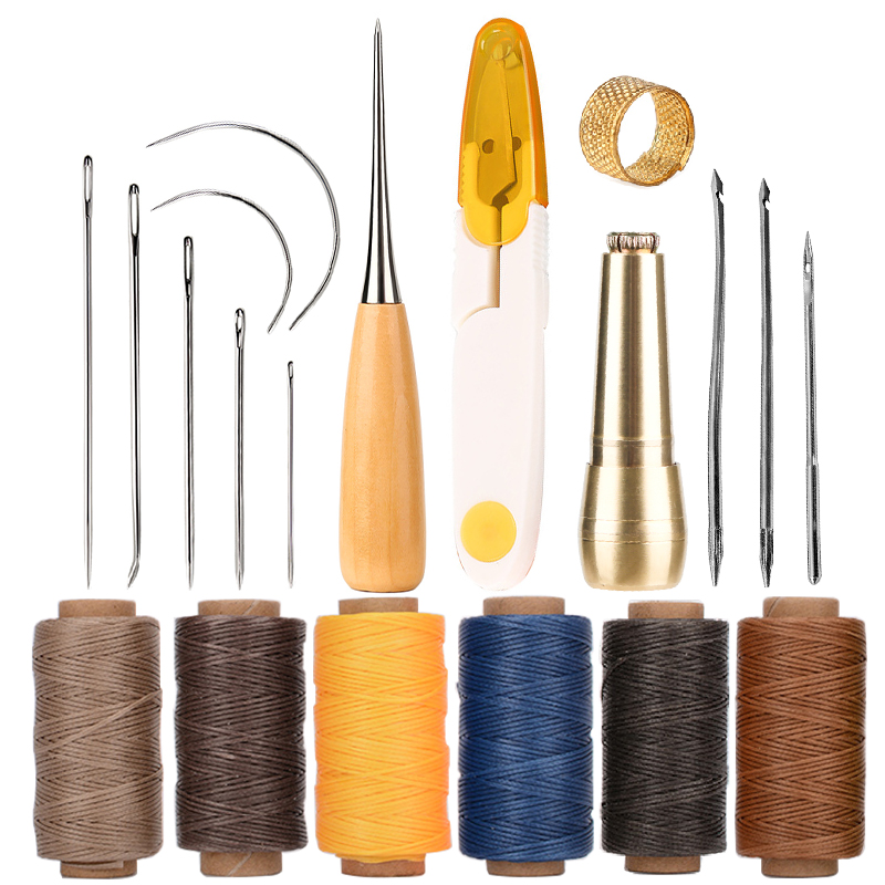 Kit de herramientas de costura de cuero, hilo encerado, tijeras de punzón de cobre para bricolaje, Zapatero de cuero, bolsas, reparación de costuras: A2 Set