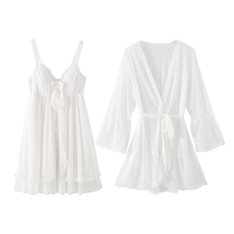 Prinses Wit Gewaad Sets Bruid Bruiloft Effen Kimono Gown 2Pcs Vrouwen Lace Sexy Mini Nachtkleding V-hals Strap Nachtkleding Loungewear