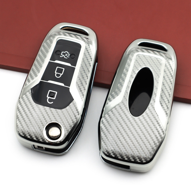 Soft TPU Car Key Chain Covers Case Accessories Cap Holder for Ford Explorer F150 F250 Ranger Ecosport Mondeo,Silver