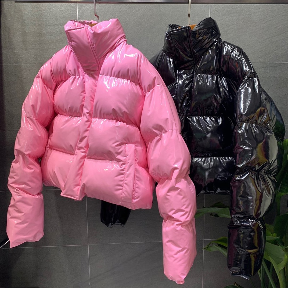 Winter dames felroze pu gewatteerde jas dikke bubbeljas rits glanzend leer dons parka bovenkleding opstaande kraag losse jas