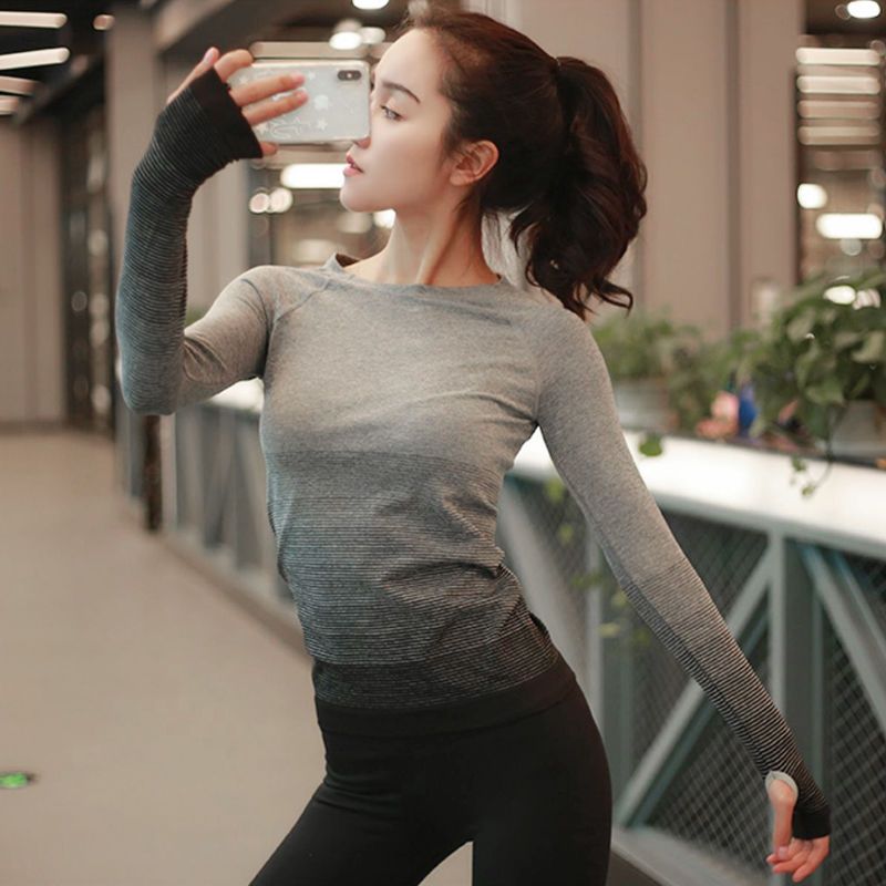 #39 -yoga-t-shirt, sport, langärmelig, farbverlauf, figurformend, herbst/winter, fitnessstudio, laufen, training, atmungsaktiv, rundhalsausschnitt
