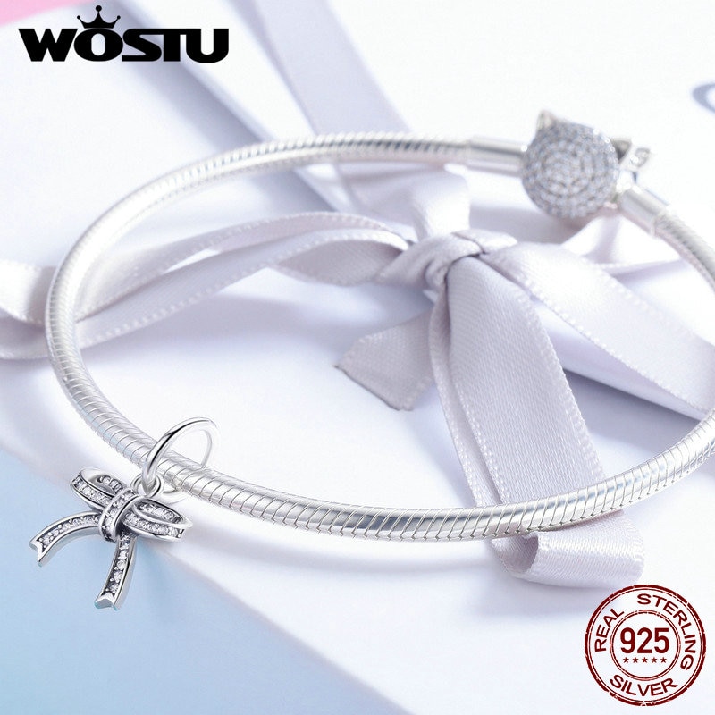 WOSTU Authentic 100% 925 Sterling Silver Bowknot Crystal CZ Pendant fit Original Bracelet Necklace Women Jewelry CQC775