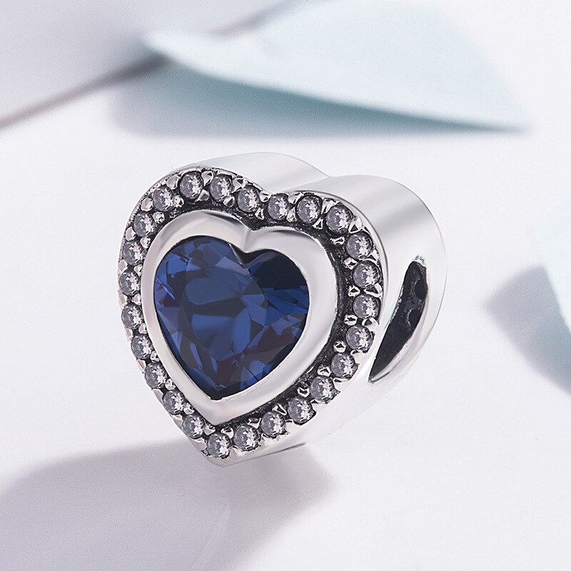 Genuine 925 Sterling Silver Charm Sparkling Two Gorgeous Love Heart With Blue Crystal Bead Fit Pan Bracelet Diy Jewelry