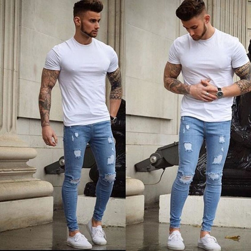 Men's Stretchy Biker Jeans Skinny Destroyed Taped Slim Fit Denim Pencil Pants Ripped Jeans for Male Light Blue S-XXXL: Sky Blue / XL