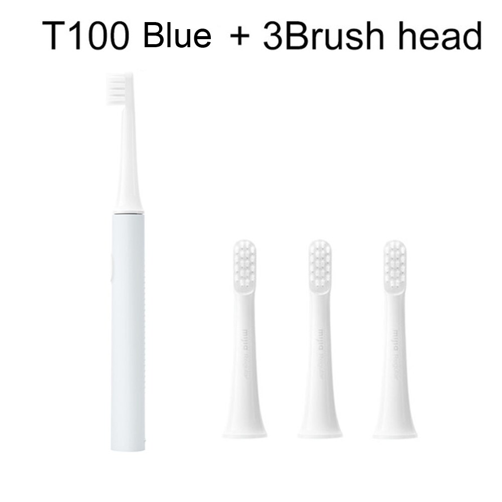 Mijia Ultrasonic Sonic Automatic Toothbrush T100 USB Rechargeable IPX7 Waterproof Electric Toothbrush: Blue with 3 heads