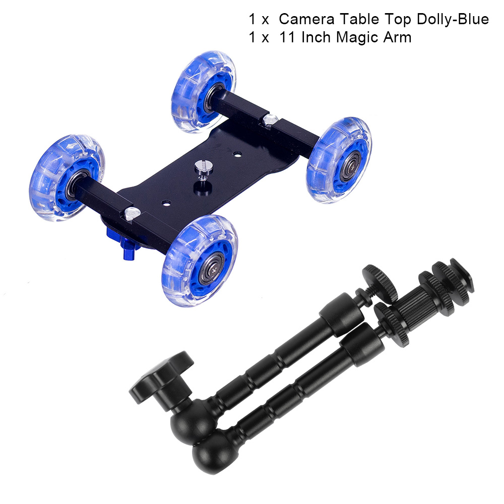 Dolly + 11 Inch Magic Arm Tafelblad Mobiele Rolling Video Rail Skater voor SLR DSLR Camera Slider Track Dolly Auto met Magic Arm: Blue Car with Arm11