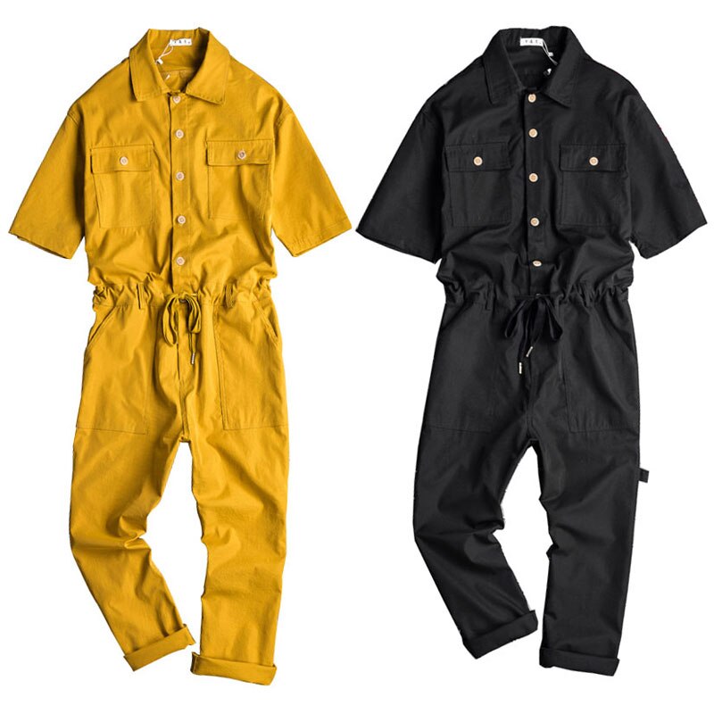 Mono de algodón con solapa para hombre, pantalones largos hasta el tobillo de manga corta, ropa de calle holgada de ocio, color negro y amarillo, verano