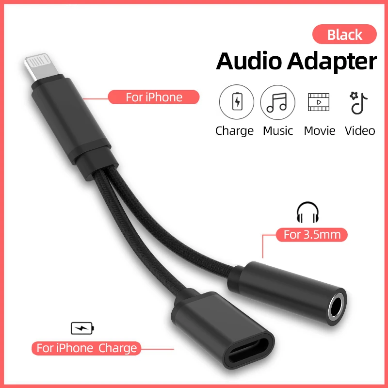 Adapter audio 2 w 1 dla IOS na gniazdo słuchawkowe 3,5 mm dla iPhone 14 13 12 11 Pro Max X XS XR SE 8 Plus Konwerter szybkiego ładowania: BIAŁY
