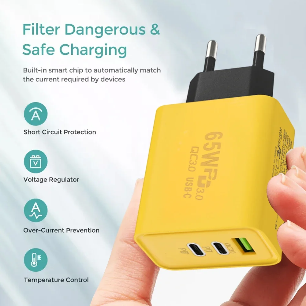 65 W 3 Poorten GaN USB PD Mobiele Telefoon Opladers USB C Naar Type C Hoge snelheid Opladen Datakabel Koord QC3.0 Mobiele Telefoon Muur Adapter