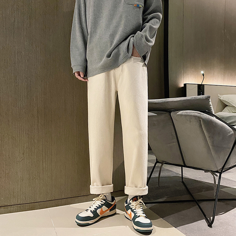 Green Khaki Beige Jeans Men Cotton Casual Jeans Men Streetwear Loose Hip Hop Straight Denim Pants Mens Trousers M-2XL: Creamy-white / M