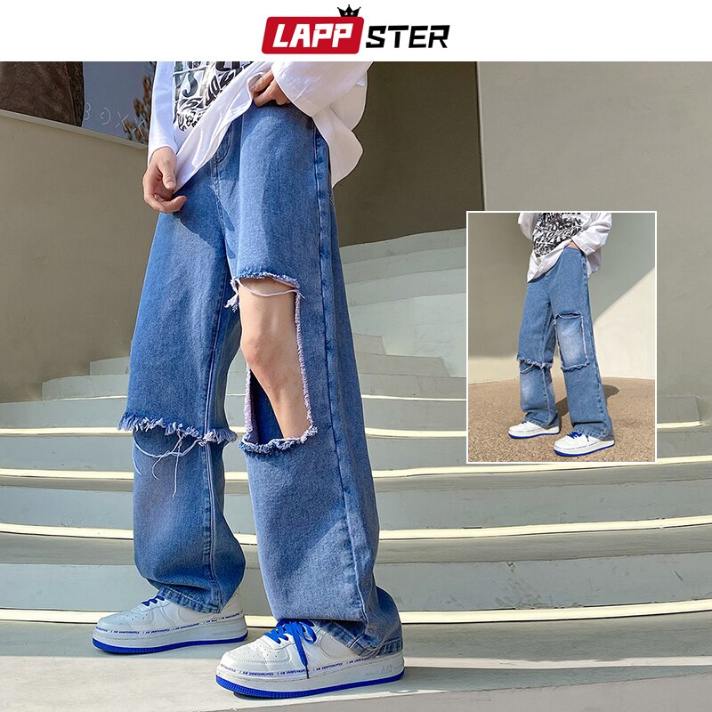 LAPPSTER Y2k Tie Dye Ripped Baggy Jeans For Men 2022 Streetwear Graphic Korean Jeans Pants Korean Fashions Sweatpants