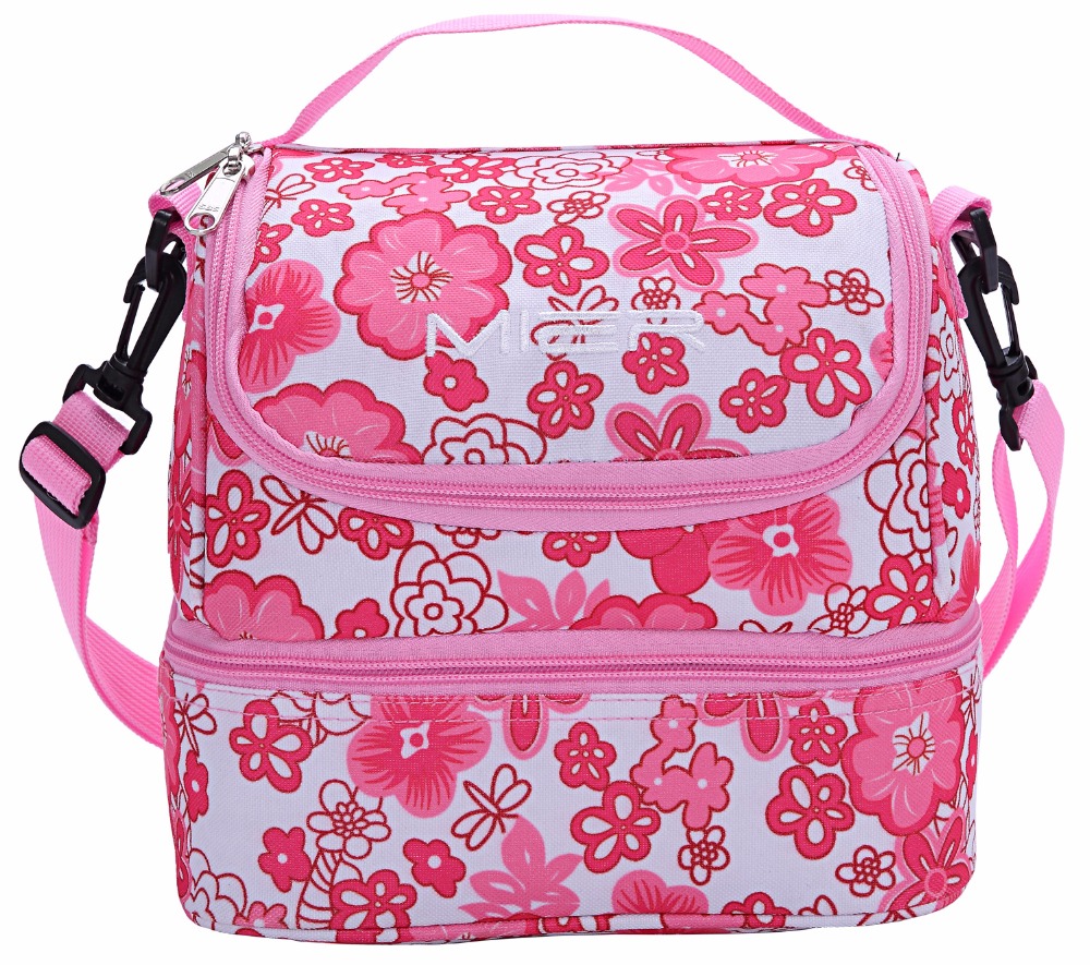 MIER Dubbele Decker Geïsoleerde Lunchbox Roze Zachte Koeltas Thermische Lunch Tote met Schouderband (Roze Bloem)