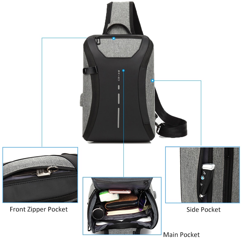 BAIBU Anti diefstal Heren Schoudertas Toevallige Crossbody Tassen voor Mannen Waterdichte USB Charge Sling Messenger Bag iPad Borst Pakken mannelijke