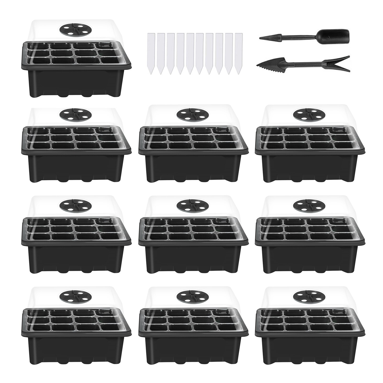 Germination Box Seed Starter Kit 10PCS Plastic 12 Cells Nursery Pots With Dome And Base Gardening Supplies Seedling Trays: black