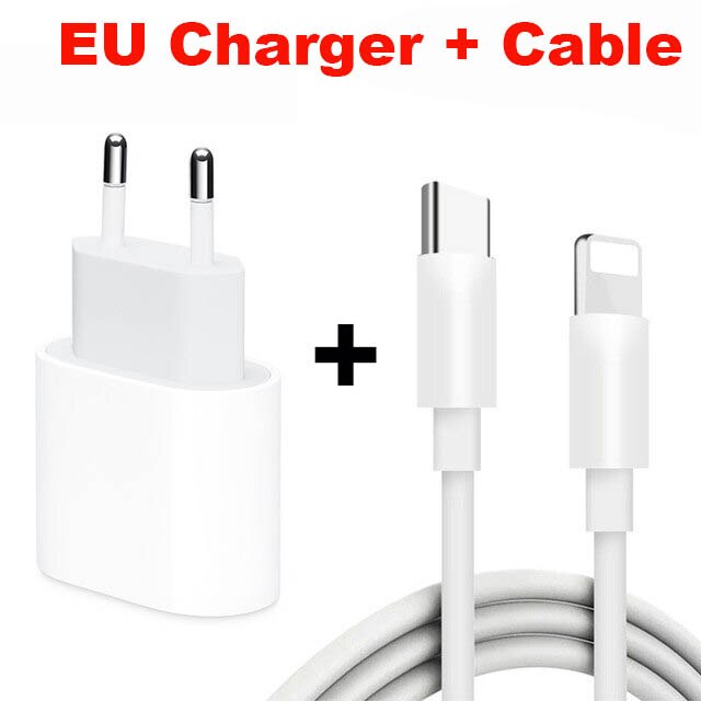 Original 20W For iphone 12 ChargerUSB C C2L Adapter Travel PD fast charger QC3.0 for Apple Cable for iPhone 12 mini 11 Pro Max: EU Charger n Cable