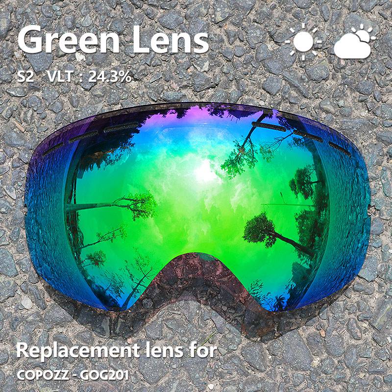 COPOZZ 201 lens Ski Goggles Lens For Anti-fog UV400 Big Spherical Ski Glasses Snow Goggles Eyewear Lenses Replacement(Lens Only): lense green