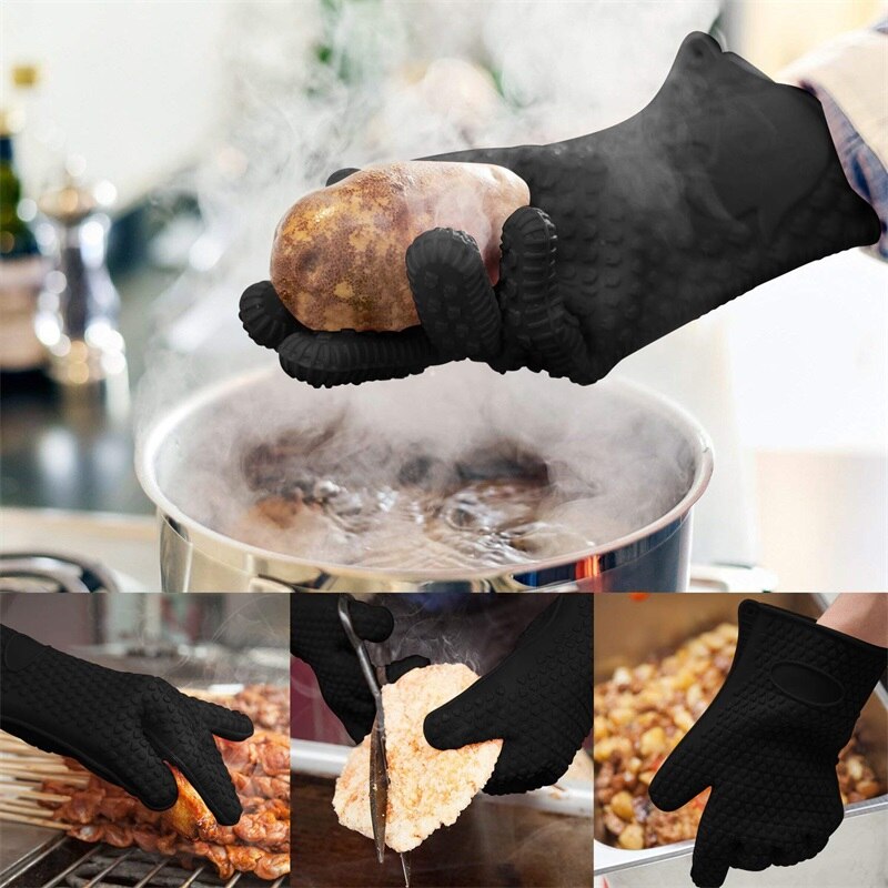 Fødevarekvalitet tyk varmebestandig silikonehandske bbq grillhandsker køkken grill ovn madlavning vanter grill bagning handsker bbq værktøj