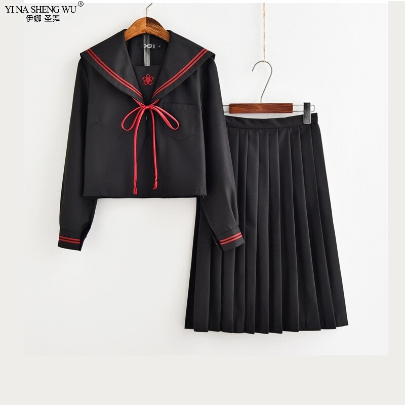 Tr japonês jk define uniforme escolar japonês meninas sakura bordados high school feminino novidade marinheiro ternos yankee uniforme da menina: Long skirt set / XL