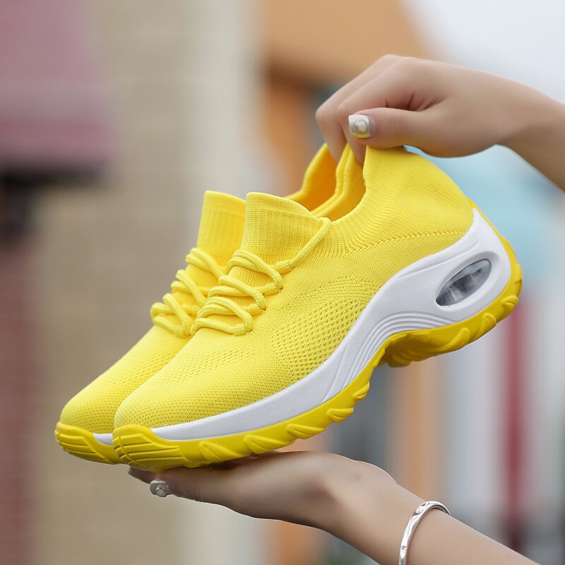 Spring Autumn Women Cushion Sneakers Shoes Sports Running Platform Sneakers for Women Yellow breathable Mesh Socks Boots 42