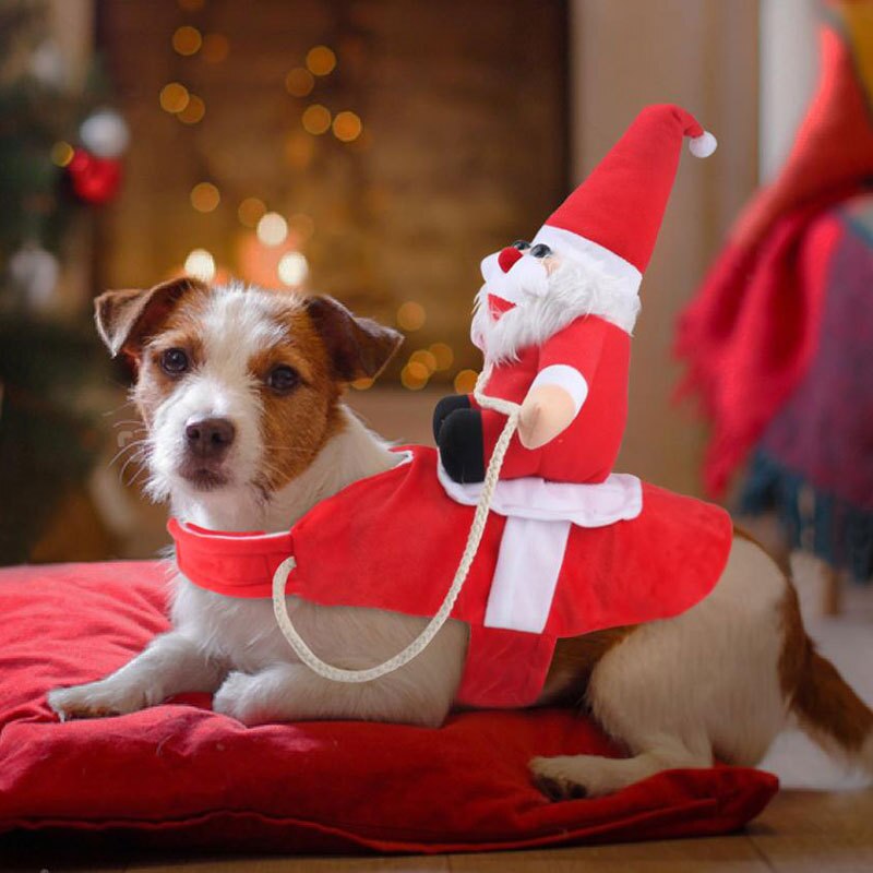 Cute Santa Claus Riding Deer Dog Costume Warm Dog Pet Christmas Transformed Cloak Shawl Lovely Santa Claus Riding Deer Dog