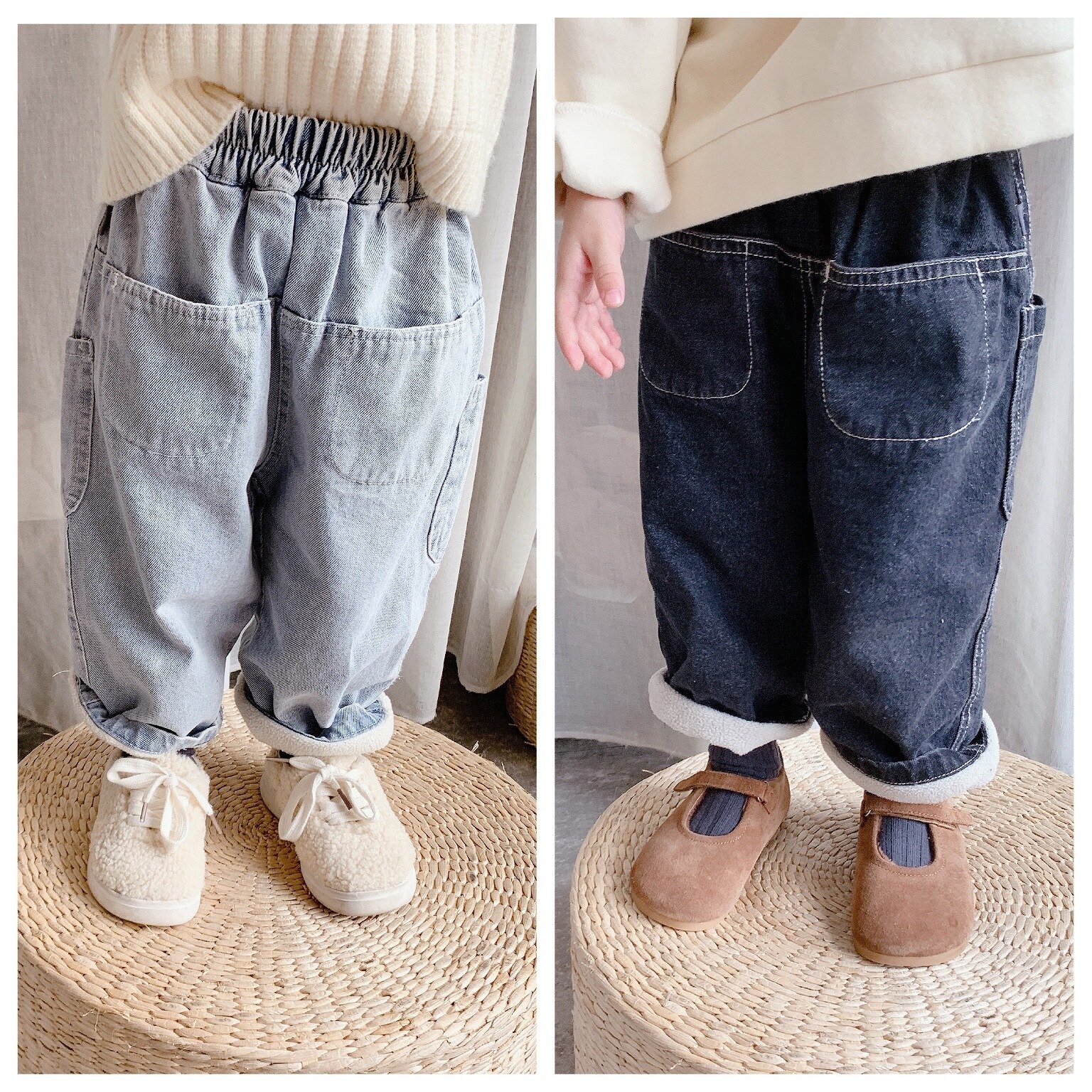 5553 børn varme bukser vinter koreanske baby drenge plus fleece bukser afslappede denim bukser 1-7t piger vinter jeans outfits