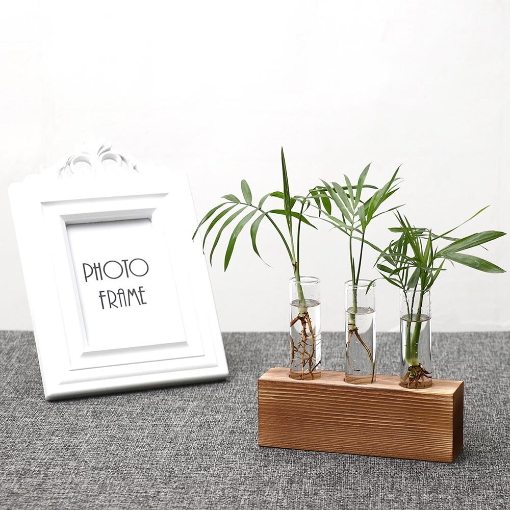 Hydrocultuur Vaas Plant Glazen buis Creatieve Hydrocultuur Plant Transparante Vaas Houten Frame Koffie Shop Room Decor Desk Decoratie