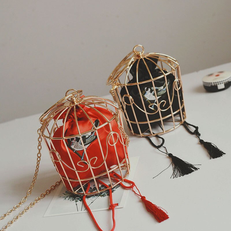 Gouden Kwastje Handtas Vrouwen Birdcage Avondtasje Clutch Metalen Frame Borduurwerk Emmer Vogelkooi Mini Bag Purse