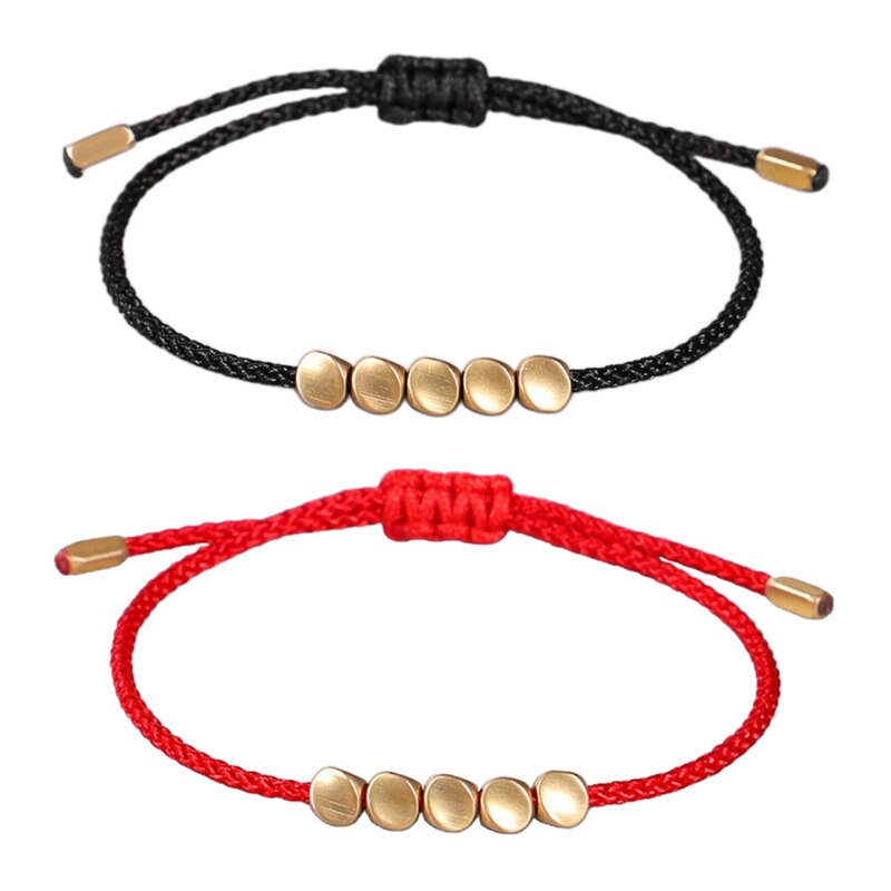 Pulsera de cuerda de cobre con cuentas irregulares para hombre y mujer, brazalete con nudo hecho a mano, Budista Tibetano, , rojo y negro