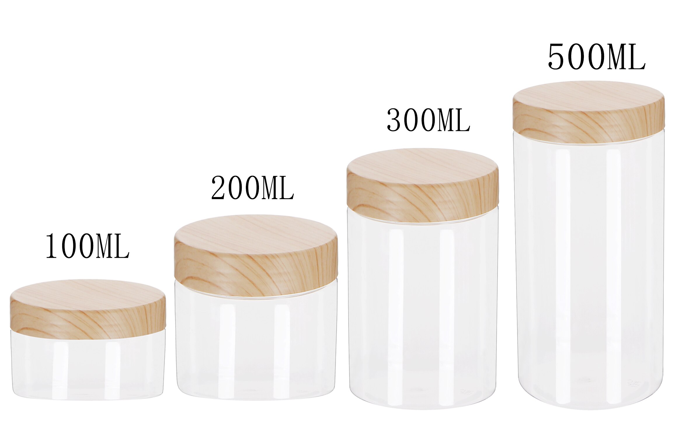100ml/200ml/300ml/500ml Empty Clear Pet Jars Container With Plastic Imitation Wood Lid Transparent Plastic Storage Bottle
