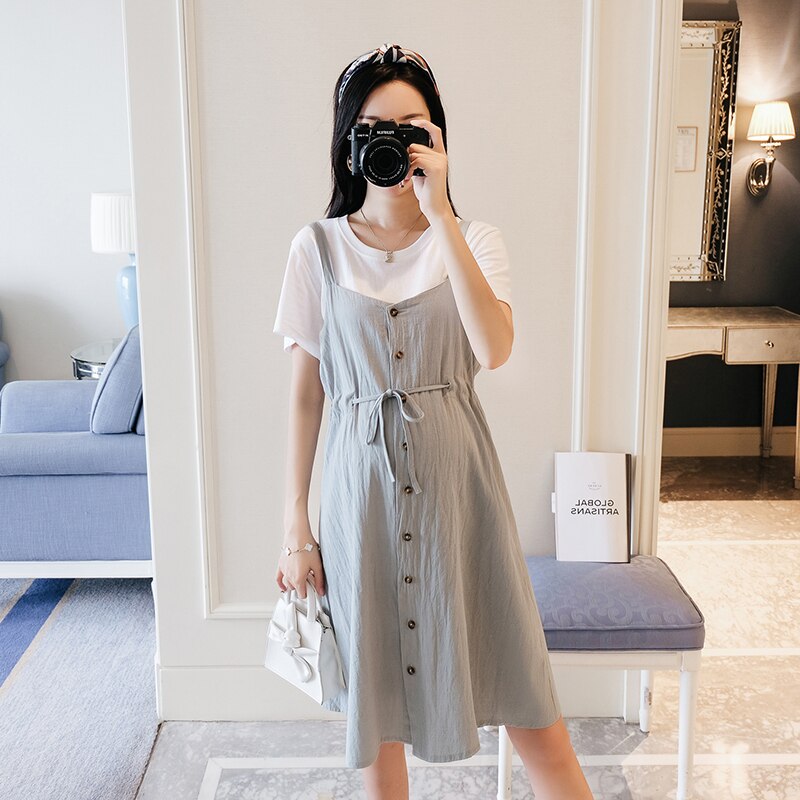 Plus Größe Mutterschaft Kleid Weiß T-Shirt + Leine Gurt Kleider Zwei Stück einstellen Sommer Kleidung für Frauen Solide farbe Schwangere Kleider