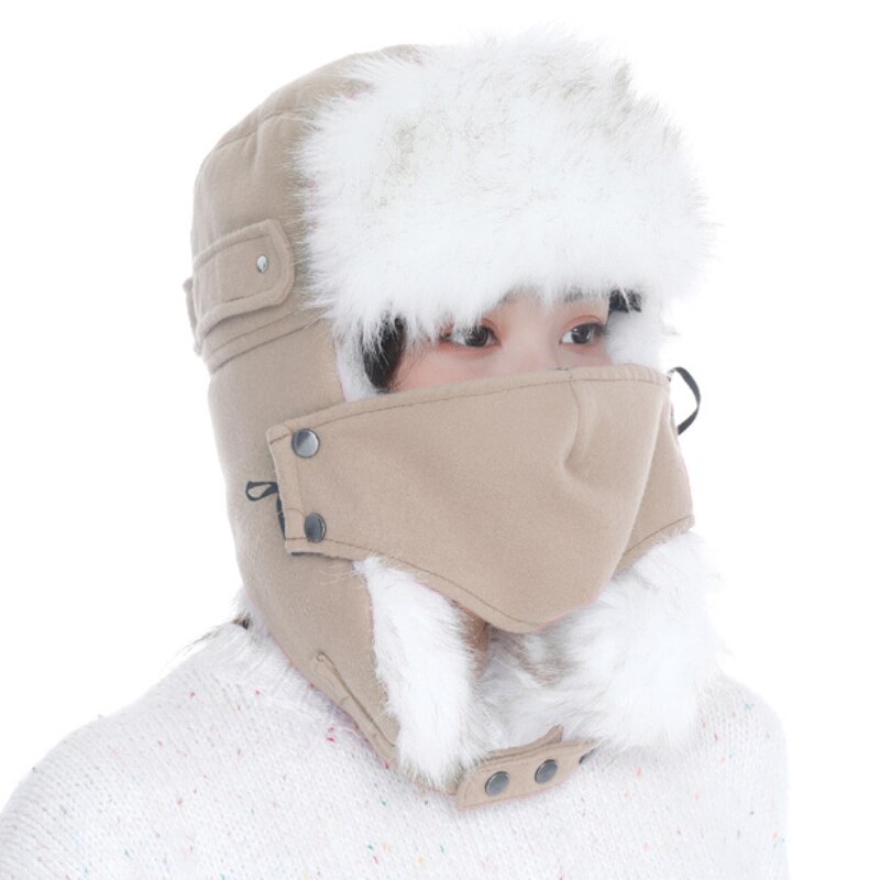 HT2876-Sombrero ruso grueso y cálido para mujer, gorro de invierno con solapa de oreja, gorra de esquí de nieve, máscara femenina Ushanka, sombrero de piel, sombrero de Bombardero: Solid Khaki