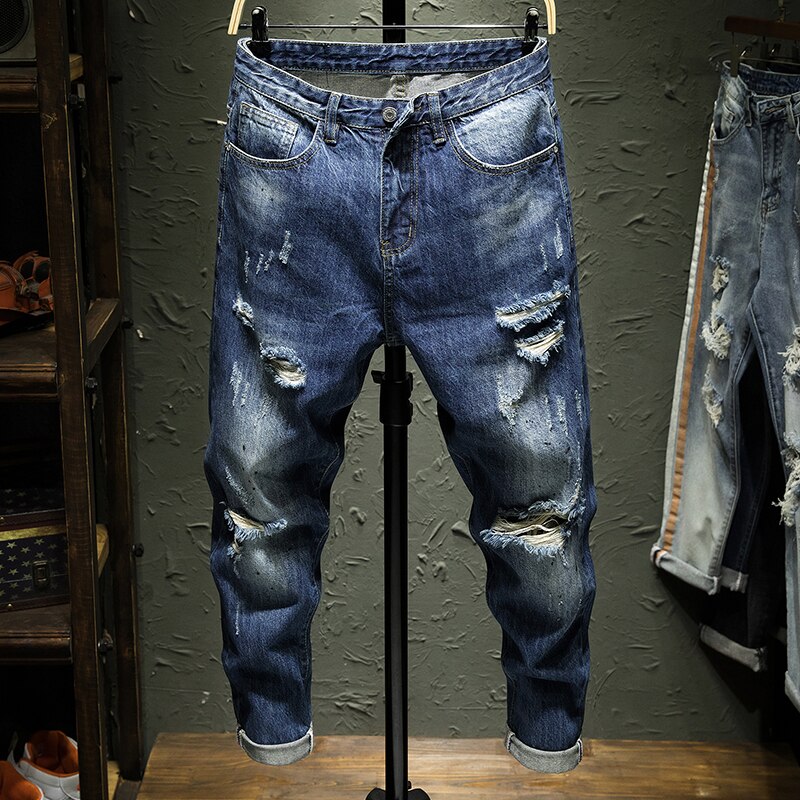 Neue männer Blau See Radfahrer Jeans strecken Denim Zerstört Zerrissene Knöchel Hosen Reißverschluss Dünne Jeans Für Männer größe 36: 33