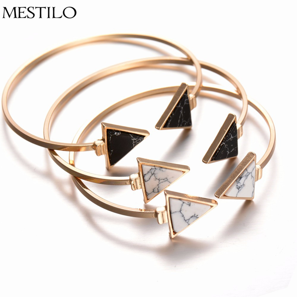 MESTILO Gold Platte Schwarz Weiß Geometrische Dreieck Öffnen Manschette Punk Armband Armreif Faux Marmor Stein pulseras aus Indien