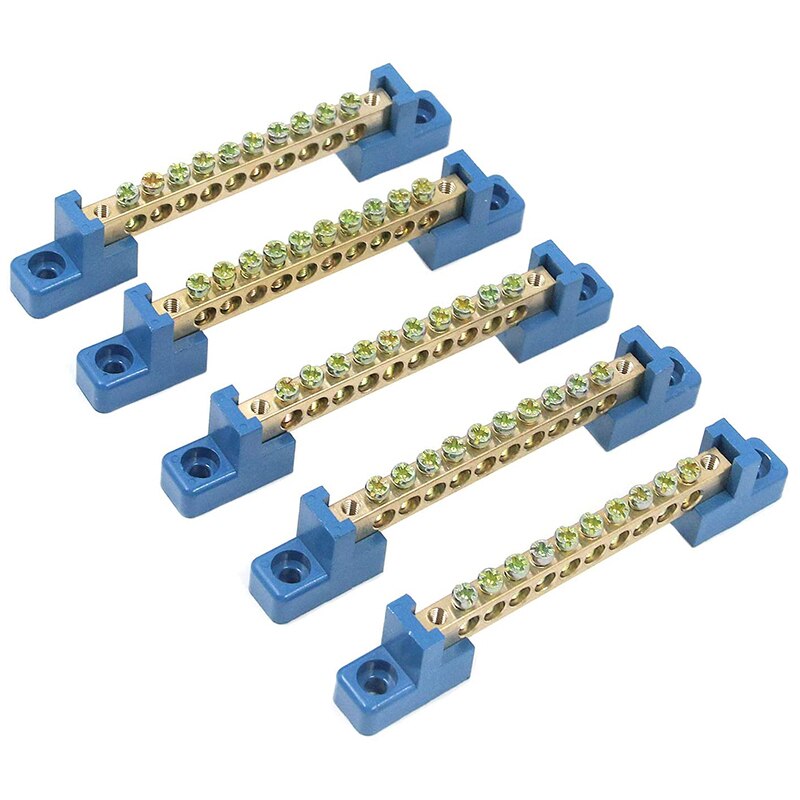 Terminal Block Blue Terminal Bus Bar 10 Positions Screw Brass Terminal Grounding Strip Bus Bar Block Pack Of 5: Default Title