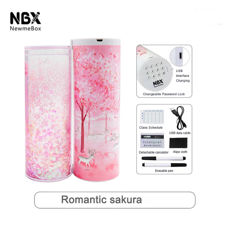 Newmebox Password Pencil Case Cartoon Pattern Pen Holder Large Capacity Stationery Box Coded Lock Home Office School Storage Bag: Romantic sakura
