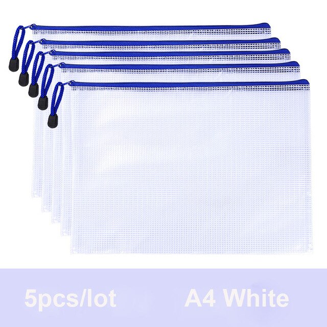 5Pcs Transparent A4 Size Mesh Zipper Plastic Folder ,Desk Paper Pencil Document Organizer Storage Bag Waterproof Stationery: 5pcs-white