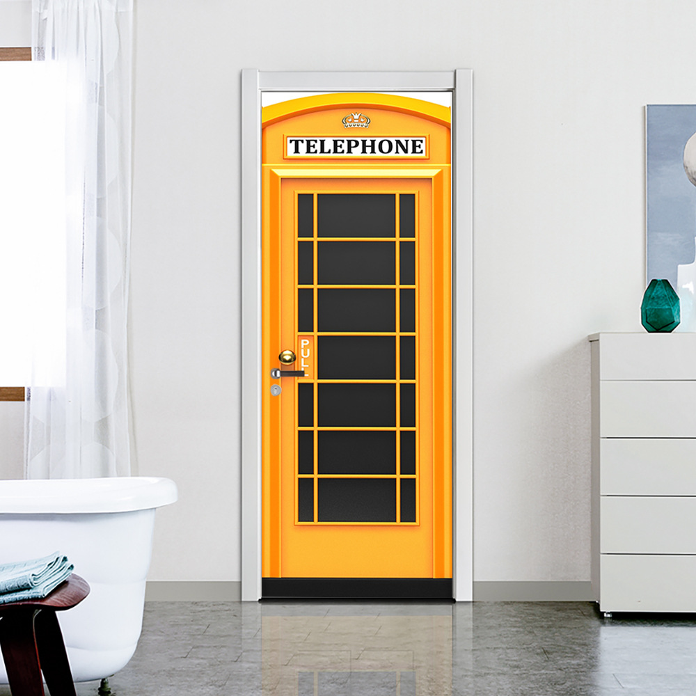 3D Door Stickers Yellow Telephone Booth Stickers Bedroom Study Bathroom Door Concealer Renovation Wall Stickers