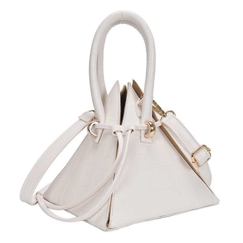 Bolso de mano de lujo con forma triangular de cocodrilo, bandolera de noche con cordón de , bolso de hombro de cocodrilo pirámide,: WHITE