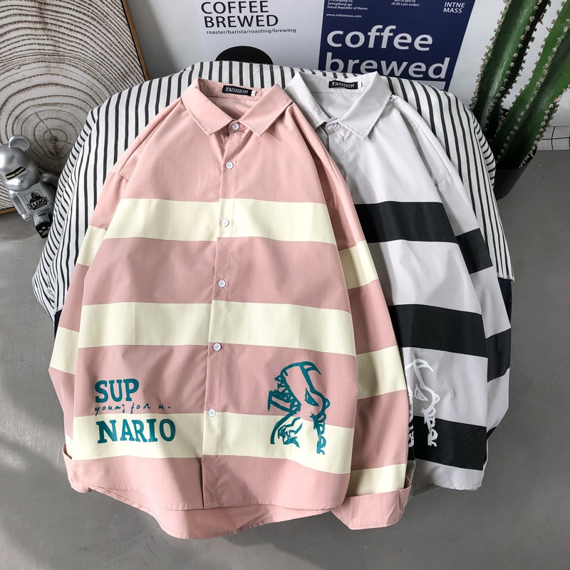 Casual skjorter herre pink langærmet stribet bluse stor størrelse herreskjorte vintagetøj streetwear baggy koreansk stil tøj