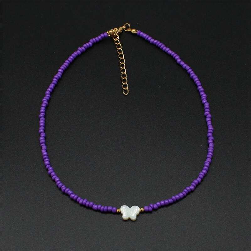 Colorful Beads Choker Women Shiny Pearl Shell Butterfly Pendant Necklace Double Layer Clavicle Chain Jewelry Accessories: 9